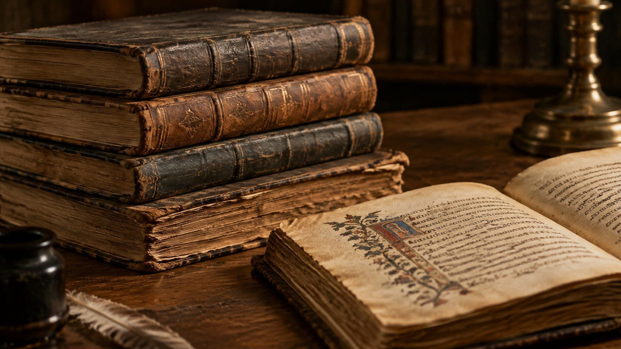 old books on wooden table